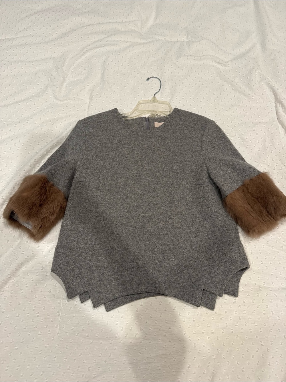 Mignon Doo Gray Crewneck Sweater with Brown Faux-Fur Cuffs